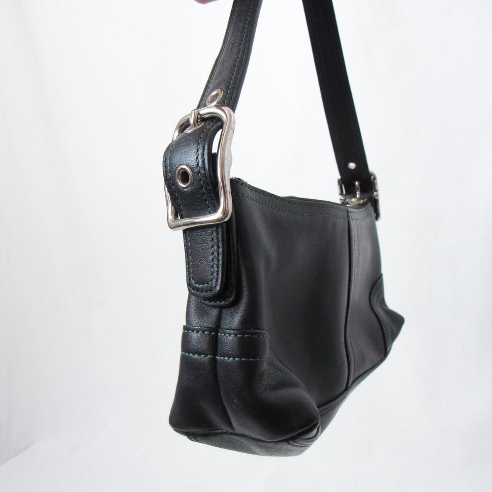 VINTAGE 90S COACH Leather Satchel Mini /Black W/ Green Stitching Chic & Sleek~ - Picture 3 of 11